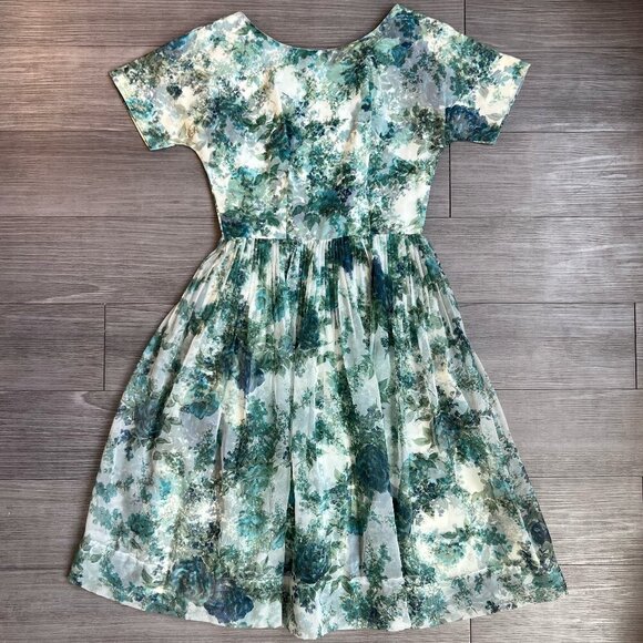 None Dresses & Skirts - Vintage 50s Floral Chiffon Green & White Cocktail Dress Knee Length Size 8
